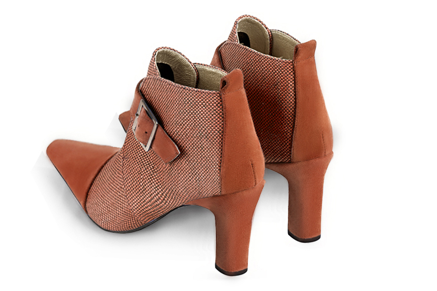 Terracotta orange women's ankle boots with buckles at the front. Tapered toe. High kitten heels. Rear view - Florence KOOIJMAN